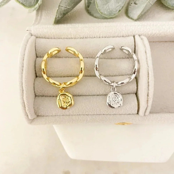 925 Sterling Silver Curb Chain Ring Chunky Dangle Charm Ring Dainty Boho Ring - Picture 5 of 9